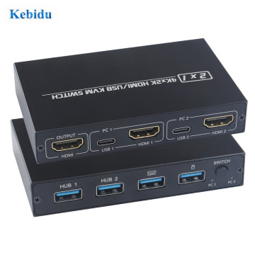 KEBIDU 4Kx2K Ultra HD Metal Case 4 Input 1 Output KVM Switch 2 x1HDMI 2.0 Screen Switcher Shared Keyboard and Mouse AM-KVM201CL