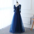 Hot Long Evening Dress Dark Blue Lace Embroidery 3/4 Sleeved Banquet Mother Of The Bride Dresses Robe De Soiree