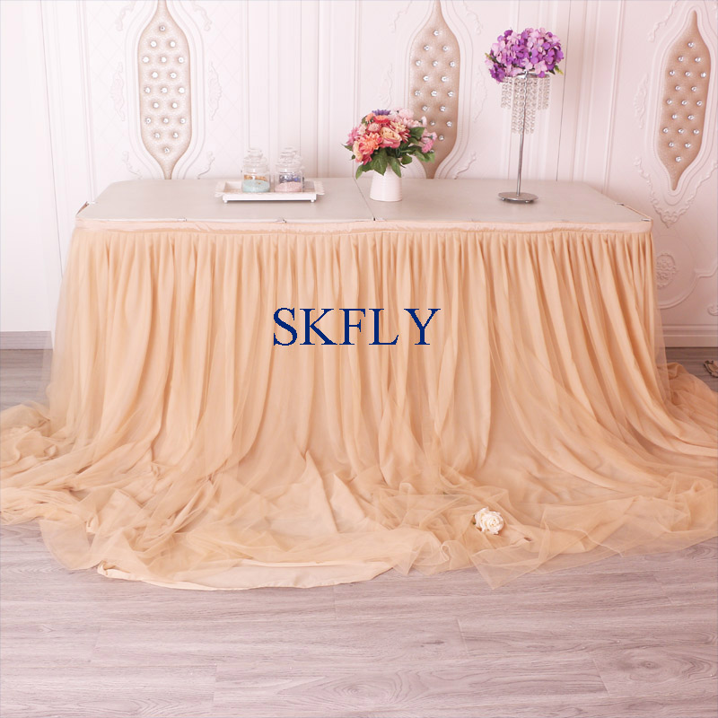 CL072E beautiful popular many colors custom made long drop wedding champagne table skirt for 6ft rectangle table