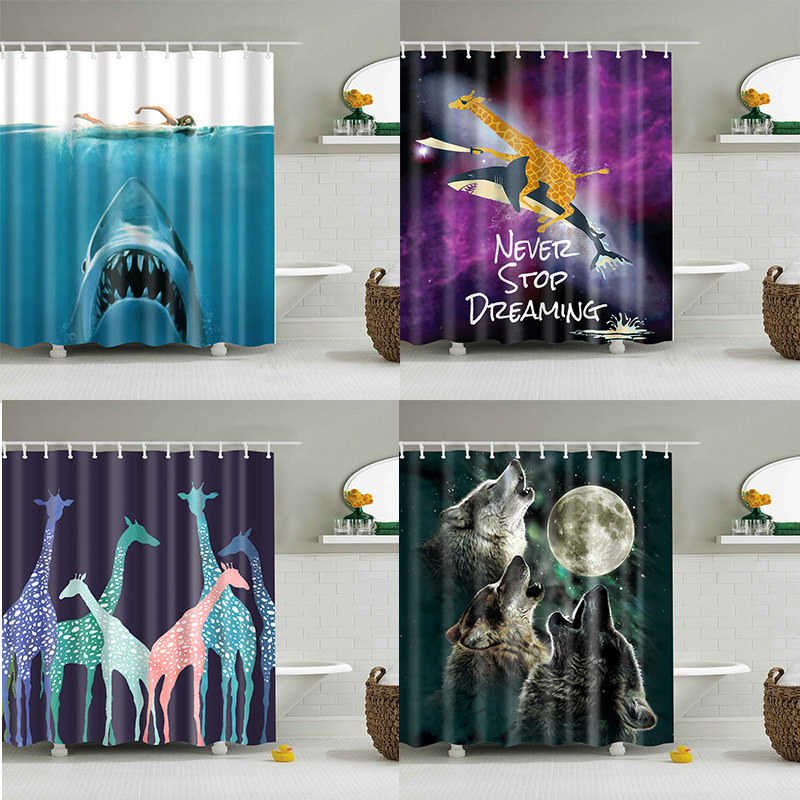 Wolf Shark Shower Curtain 3D Print Bathroom Waterproof Polyester Bath Curtain Octopus Washable Bath Decor Curtains With 12 Hooks