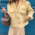 Women's Clothing Coats & Jackets Wool & Blends Chic Korea Temperament Cream Yellow Lapel Loose Gentle Pocket Short Woolen Coat