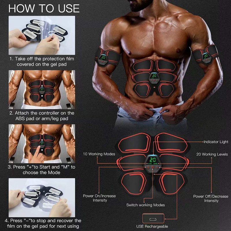 EMS Abs Stimulator Abdominal Muscle Trainer Ab Stimulator For Men Women Home Workout Fitness With 10 Modes 20 Level USB Recharge