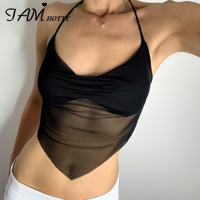 Sexy See Through mesh Patchwork Frill Halter Corset Crop Top Women Black White Solid Color Casual V-neck Camisole Club Iamhoty