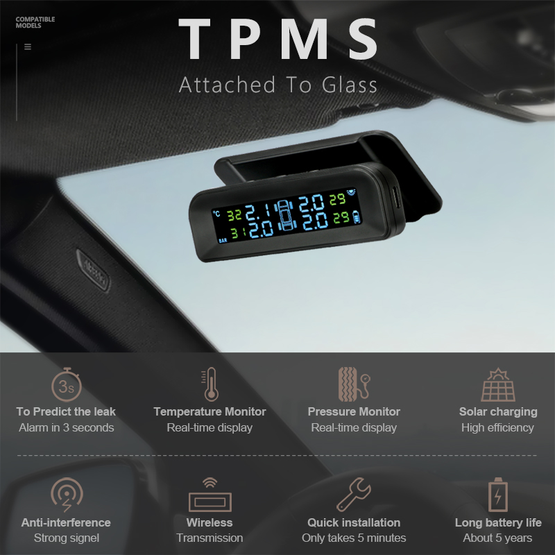 TPMS Car Tire Pressure Monitor System Automatic Brightness Control USB and Solar Charging Adjustable LCD Screen 4 Exter Sensor