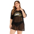 Women Lip Print Mesh Top Summer Half Sleeve Plus Size 4XL See Through T-shirt Fashion Sequin Long Smock Top Beach Wear D30