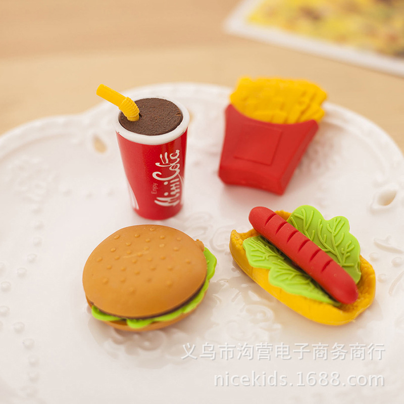 1pc Creative Fast Food Burger Hot Dog Chips Eraser Students Eraser Stationery Supplies Wholesale