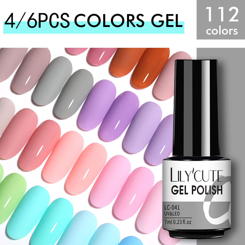 LILYCUTE 4/6 Pcs Gel Nail Polish Set 112 Color Glitter Semi Permanent Hybrid Gel Varnish Base Top Coat Soak Off UV LED Nail Art