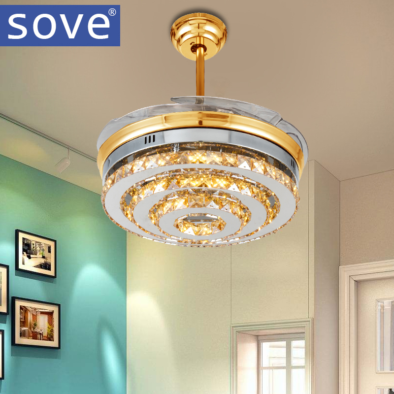 SOVE Modern LED Invisible Crystal Ceiling Fans With Lights Bedroom Folding Ceiling Light Fan Remote Control Ventilador de teto