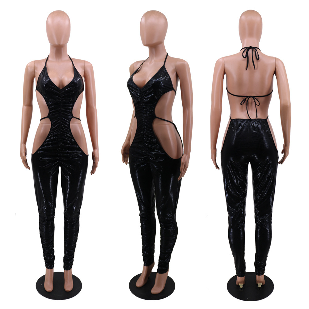 Adogirl 2020 New Solid Black Snakeskin Pleated Jumpsuit Women Sexy Deep V Neck Lace Up Halter Back Night Club Stacked Romper