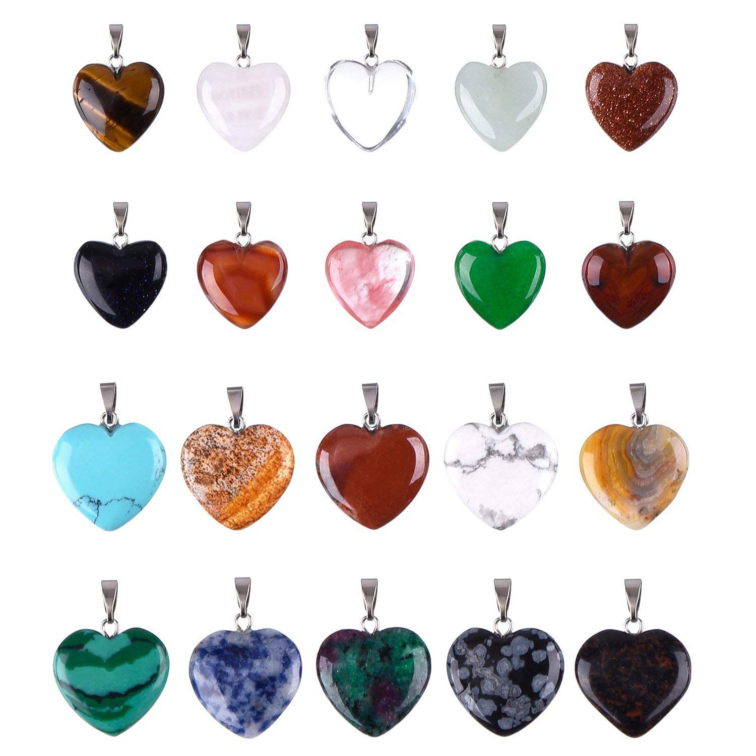 20 Pieces Heart Shape Stone Pendants Chakra Beads DIY Crystal Charms, 2 Different Sizes, Assorted Color