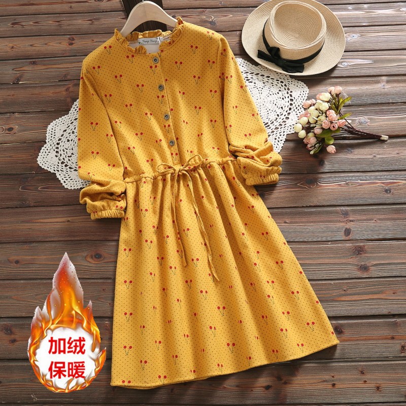 Autumn and winter fresh cherry print plus velvet thickening Mori girl style retro literature and art lace waist dress