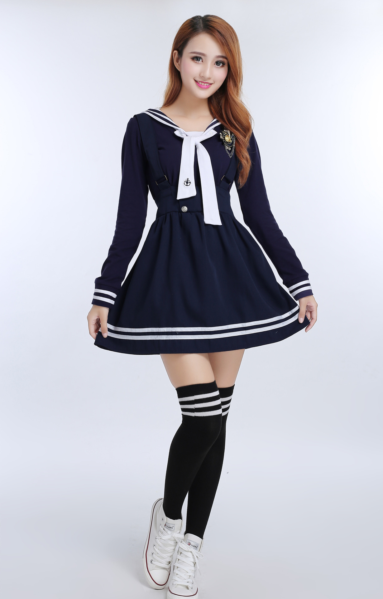 Japanese School Uniforms for Women Korean Navy Sailor Cotton School Uniforms For Girls Straps Skirt+Long Sleeve Shirt+Tie