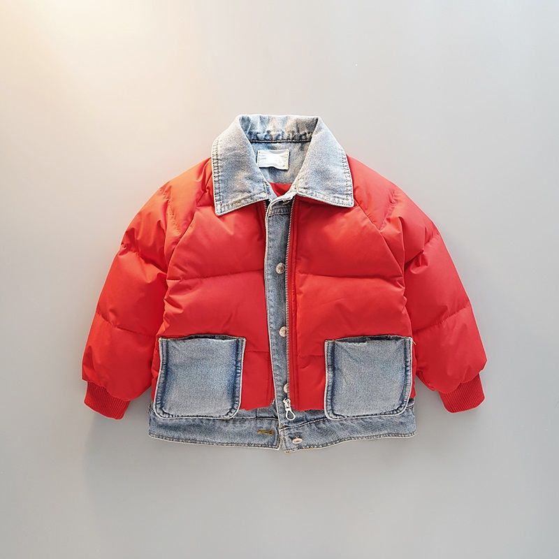 2021 Winter Children Fashion Denim Patchwork Cotton Padded Coat Boys Jacket Thicken Warm Kids Teenage Boys Parka Outerwear D216