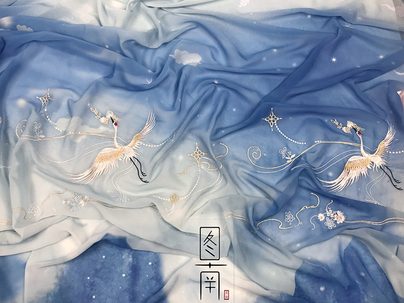 Chinese classical style Red-crowned crane landscape Printed chiffon embroidery fabric hanfu skirt cloth 1meter