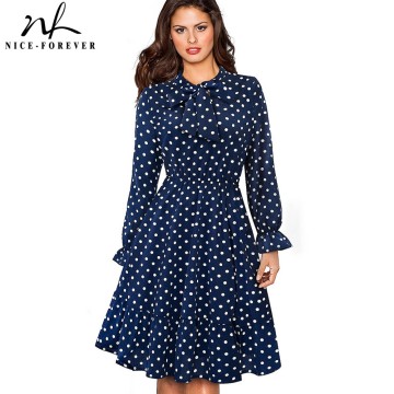 Nice-forever Elegant Vintage Polka Dots Pinup Flroal Dresses Casual Female Flare A-Line Swing Women Dress A130