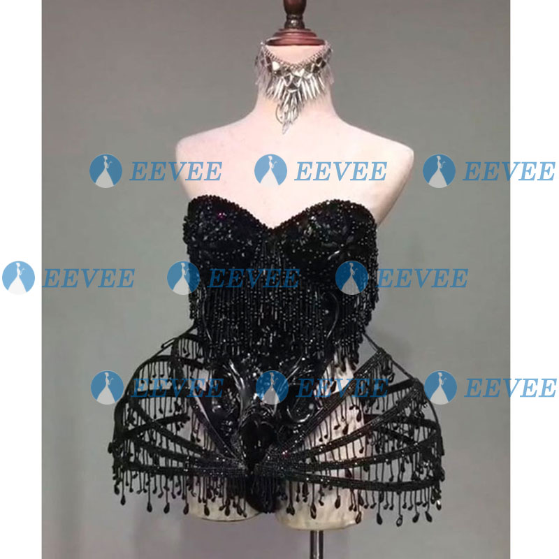 Black Sexy Crystal beads Bodysuit Dress Stage Performance Bling Dresses Dance Wear Nightclub Shining Costume Outfit