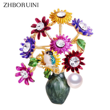 ZHBORUINI 2019 New High Quality Real Natural Freshwater Pearl Brooch Vase Flower Enamel Brooch Pins Pearl Jewelry For Women G
