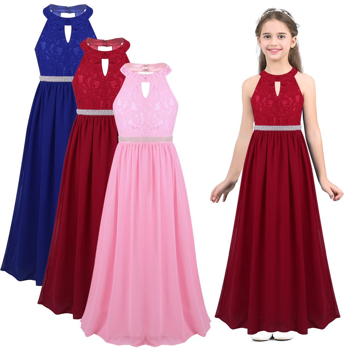 Embroidery Flower Girls Dresses With Beaded Waist Ruffled Elegant Children Evening Prom Long Dress for Formal Party Occasion