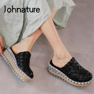 Johnature Summer Slippers Women Shoes Genuine Leather 2021 New Flat With Slides Outside Wear Weave Platform Ladies Slippers