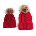 2Pcs/Pair Family Matching Outfits Mother and Kid Baby Child Warm Winter Knit Beanie Fur Pom Hat Crochet Ski Cap