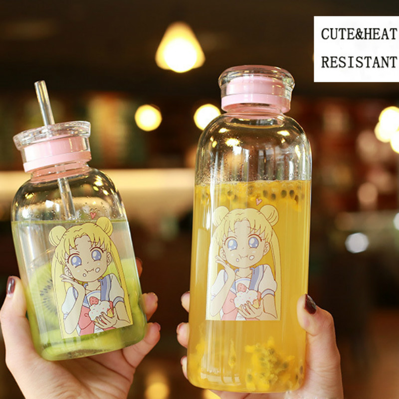 Creative small Cut cartoon beautiful girl water cup with straw cup bottle wholesale single-layer glass 450ml 700ml drinking sets