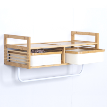 Wall-Mounted Bamboo Towel Rack with White Drawers