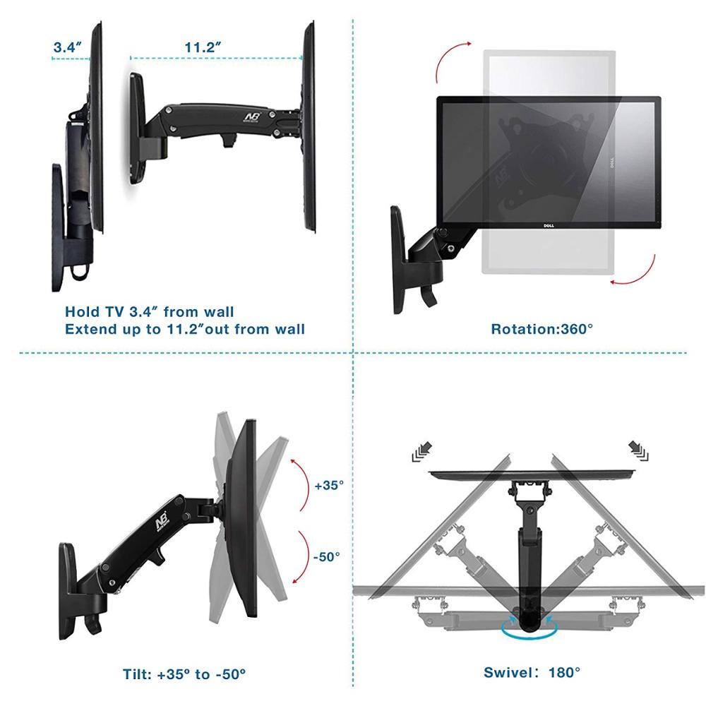 17-27" Gas Spring Full Motion TV Wall Mount LCD LED Monitor Wall Holder Aluminum Swivel Arm Bracket NB F120