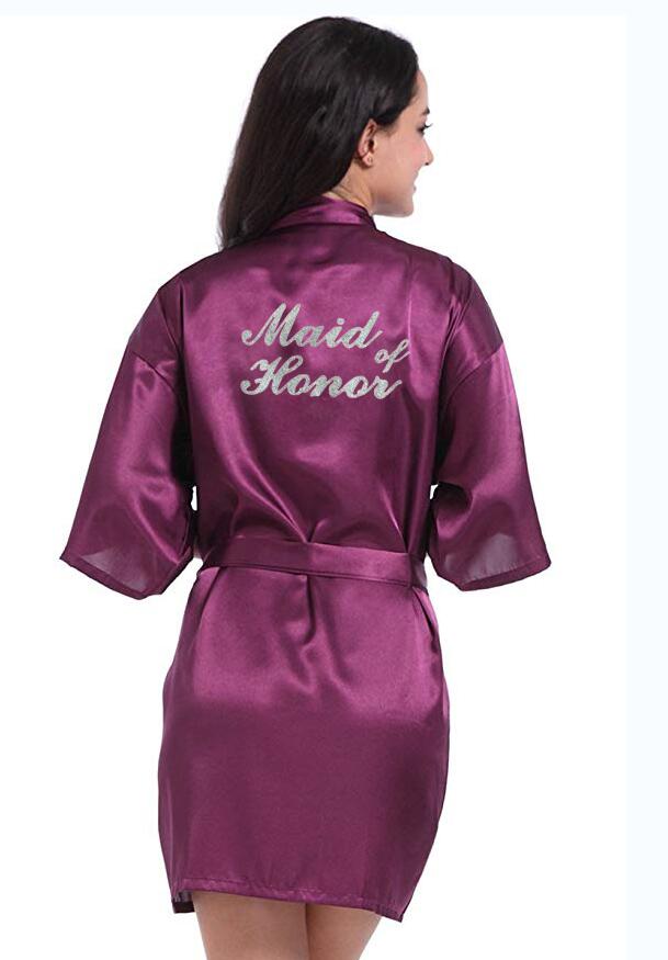 new purple robe silver writing mother of the groom robes wedding Short Bride kimono bridesmaid satin robe drop shipping