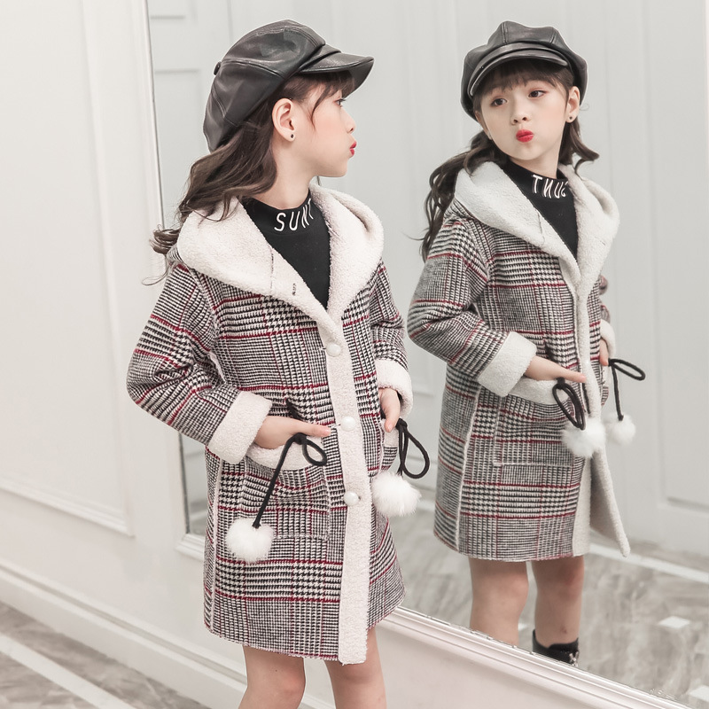 Kids Wool Coats Winter Girls Blends Jackets Clothing V-Neck Long Plaid Single Breasted Preppy Style Children Outerwear Clothes67