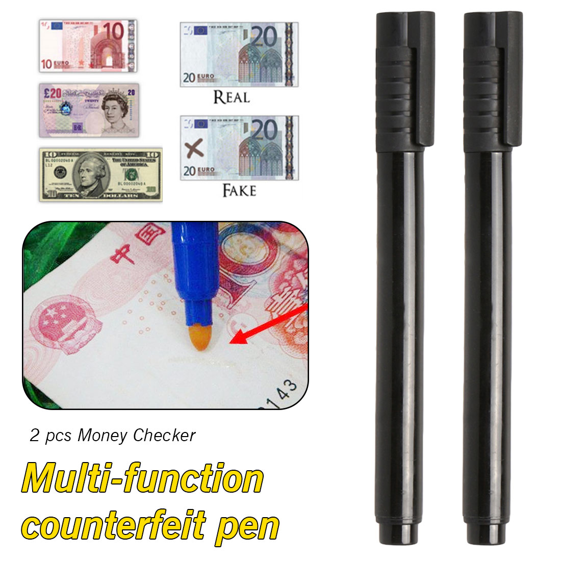 Useful Money Detector Checker 2pcs Currency Detector Counterfeit Marker Fake Banknotes Tester Pen Unique Ink Hand Checkering Too