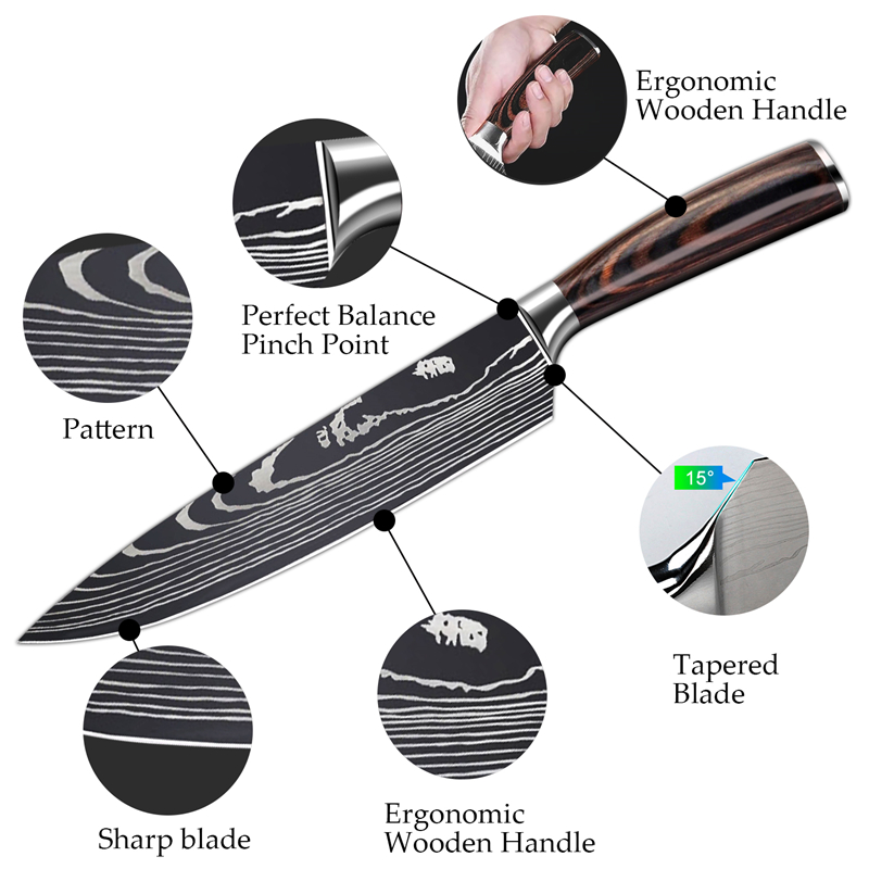 9pcs/set Kitchen Knives Stainless Steel Laser Damascus Pattern Chef Knife Sharp Cleaver Slicing Utility Knives Tool Dropshipping