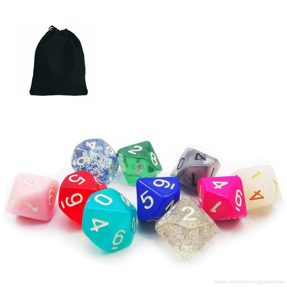 Bescon 10pcs Set of 10 Sided Dice (Number 0-9), 10 Count Assorted Random Multi Effected&Colored Pack of D10 in Drawstring Pouch