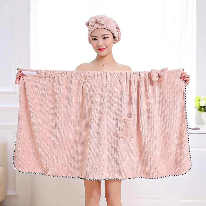 Women Bath Towel Set Super Absorbent Quick-drying Cotton Polyester Thick Soft Shower Bath Dress Bathrobe with Hair Dry Cap