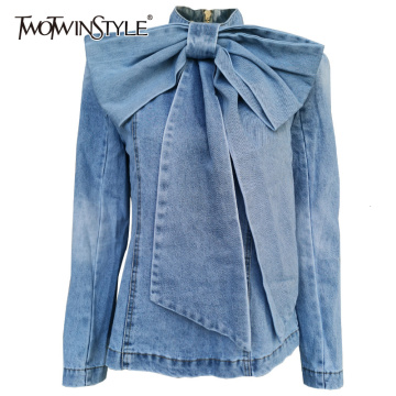TWOTWINSTYLE Patchwork Bow Denim Women's Jacket Stand Collar Long Sleeve Vintage Ruched Jackets For Female 2020 Fashion Clothing
