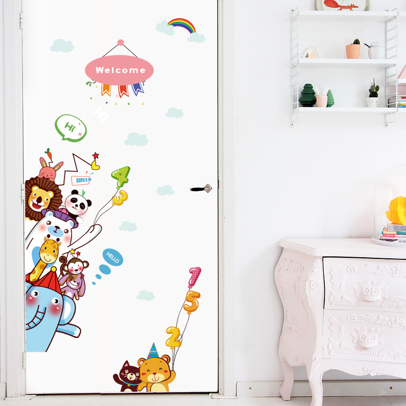 Hand Paint Style Cartoon Door stickers Animal Wall Stickers for Kids RoomArt Design Decorative Stickers Wall Decals Home Decor