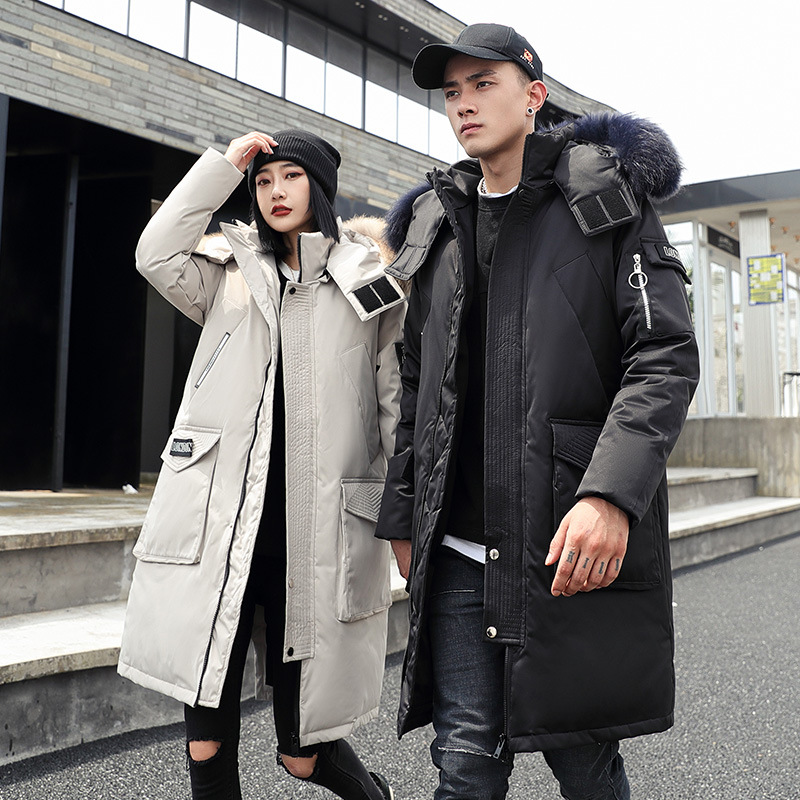 -30 Degree Couple Winter White Duck Down Jacket Long Keep Warm Thicken Coat Men Fashion Hooded Fur Collar Windbreaker Down Parka