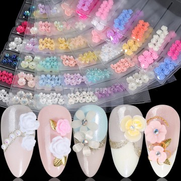 6Grids/Pack 3D Rose Various Petal Resin Glazed Flowers Pearl Arylic Nail Art Rhinestone Gems Decorations Manicure DIY Tips GZH#