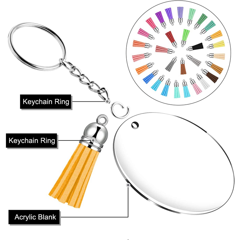 Acrylic Keychain Blanks, 2 Inch Round Clear Keychains for Vinyl with Tassel Pendant and Metal Split Key Chain Rings