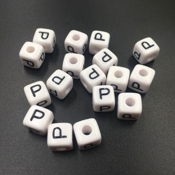 Single Letter P Beads Black Initial Printed White Cube Acrylic Alphabet Jewelry Pearl 100PCS 10*10MM Lucite Plastic Square Beads