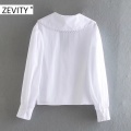 ZEVITY women sweet peter pan collar lace stitching casual poplin blouse shirts women puff sleeve white chemise chic tops LS7201