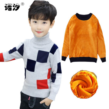 Boys winter velvet sweater kids Warm Pullovers plush inside Knitted jacket 3-14T teenage plaid turtleneck clothes warm jacket