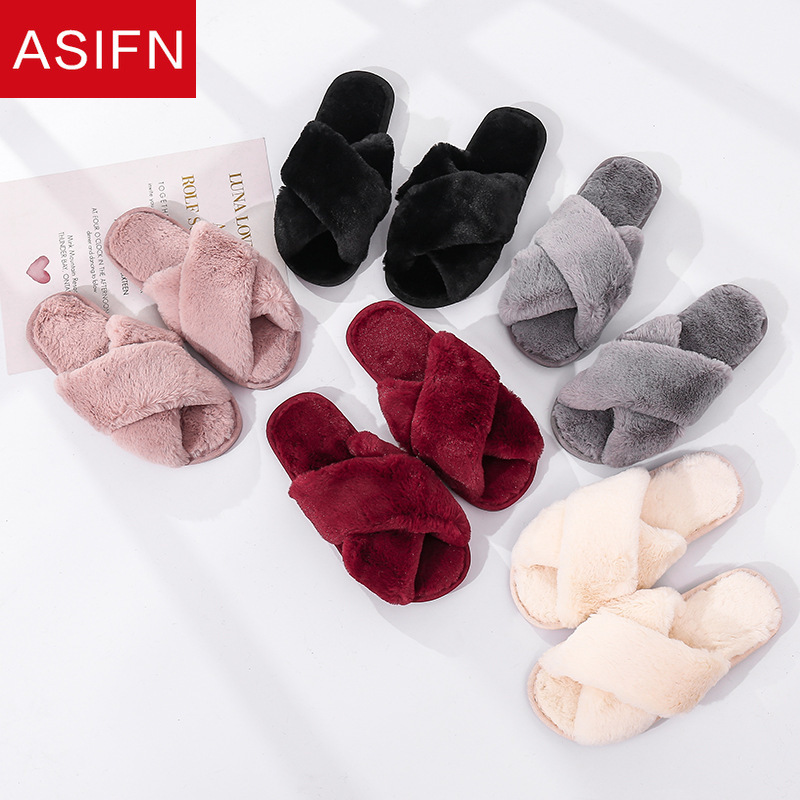 ASIFN Winter Women House Slippers Faux Fur Warm Flat Shoes Bedroom Female Slip on Home Furry Ladies Slippers Dropshipping
