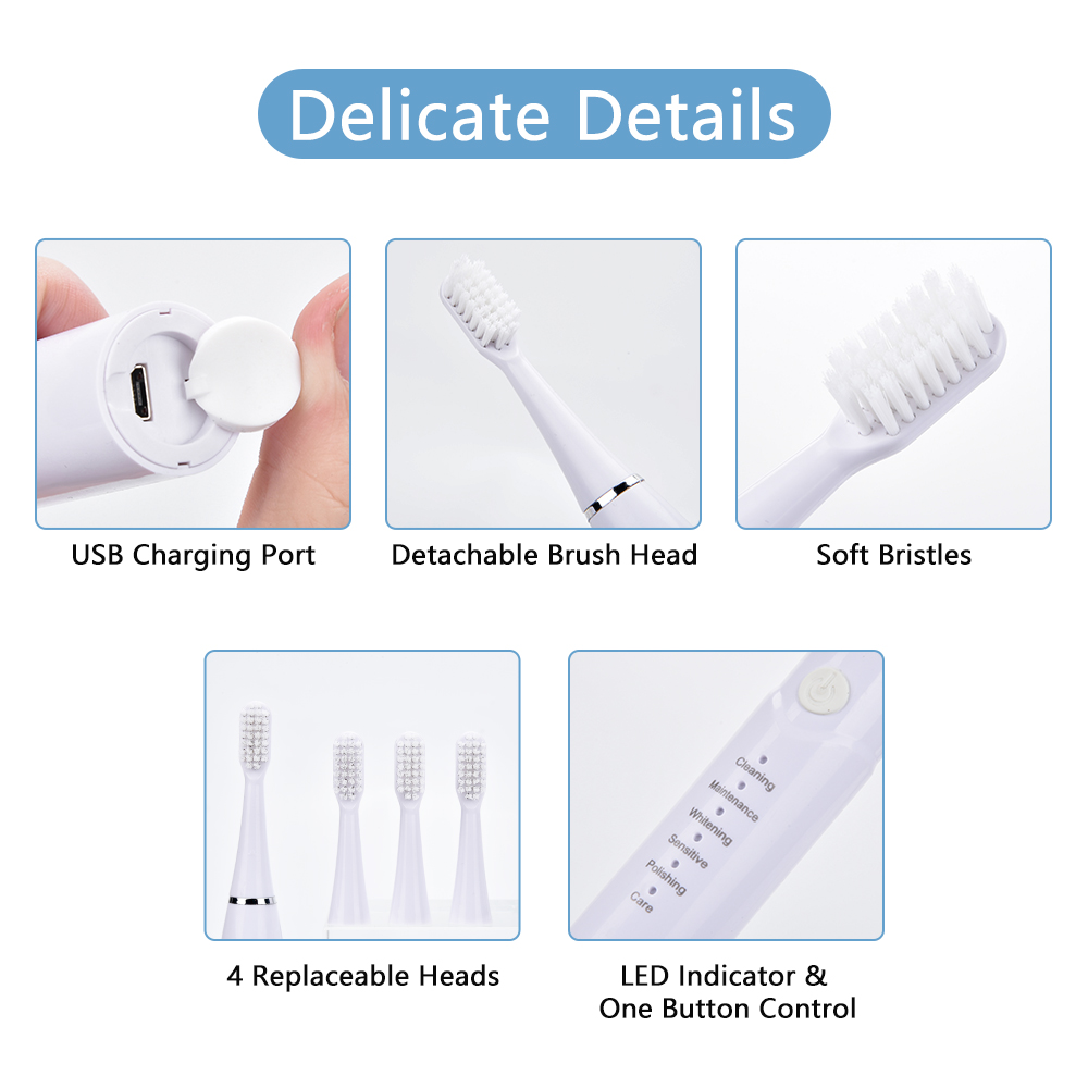 High Frequency Vibration Electric Toothbrush Waterproof Powerful Teeth Whitening 6 Adjustable Mode USB Charging Dental Oral Care