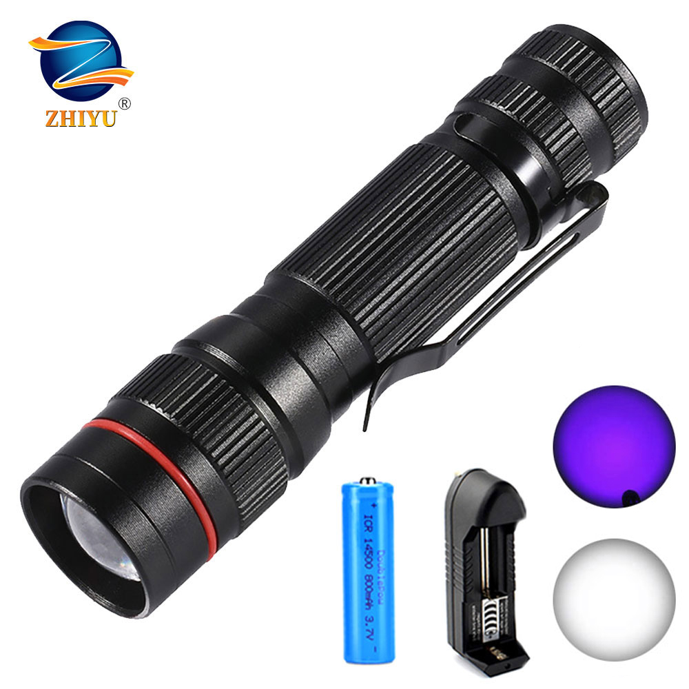 ZHIYU Portable XPE UV Flashlights LED White Ultraviolet Light Torch 3 Modes Zoom Flash Light Mini Pen Clips Pocket Lamp Lantern