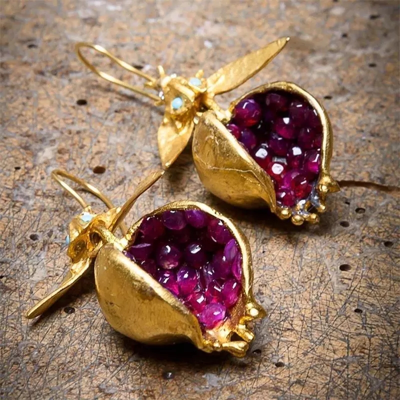 Fashion Fresh Style Pomegranate Purple Red Flesh Golden Earrings Wedding Anniversary Women Earring Banquet Party Jewelry