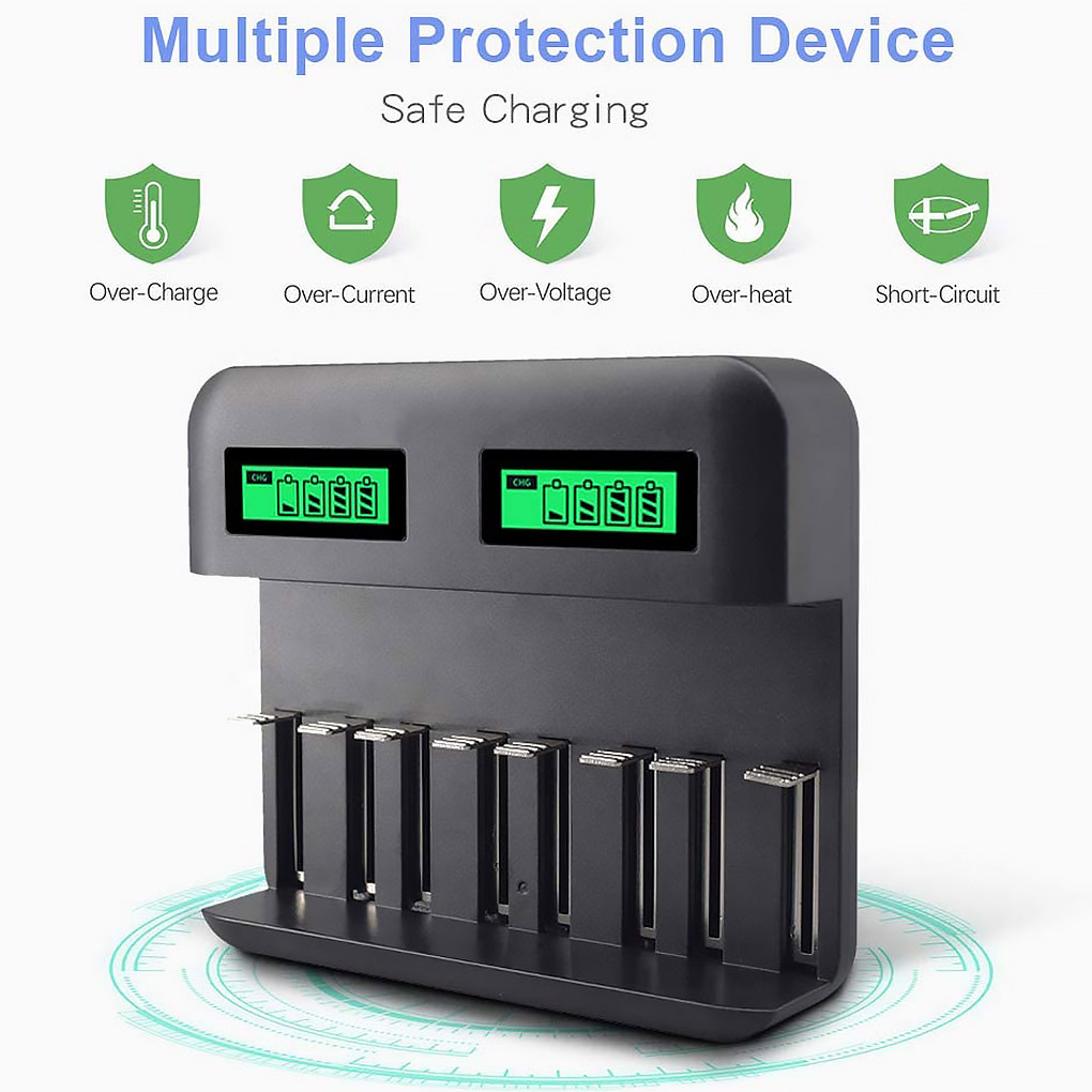 8-Slot Battery Charger USB Powered AA/AAA/C/D Rechargeable Battery Charger with LCD Display