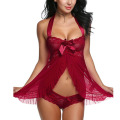 Meihuida Women Sexy Sleeveless Halter Dresses+G-string Sleepwear Bow Lace Lingerie Erotic Sex See-Through Dress Underwear