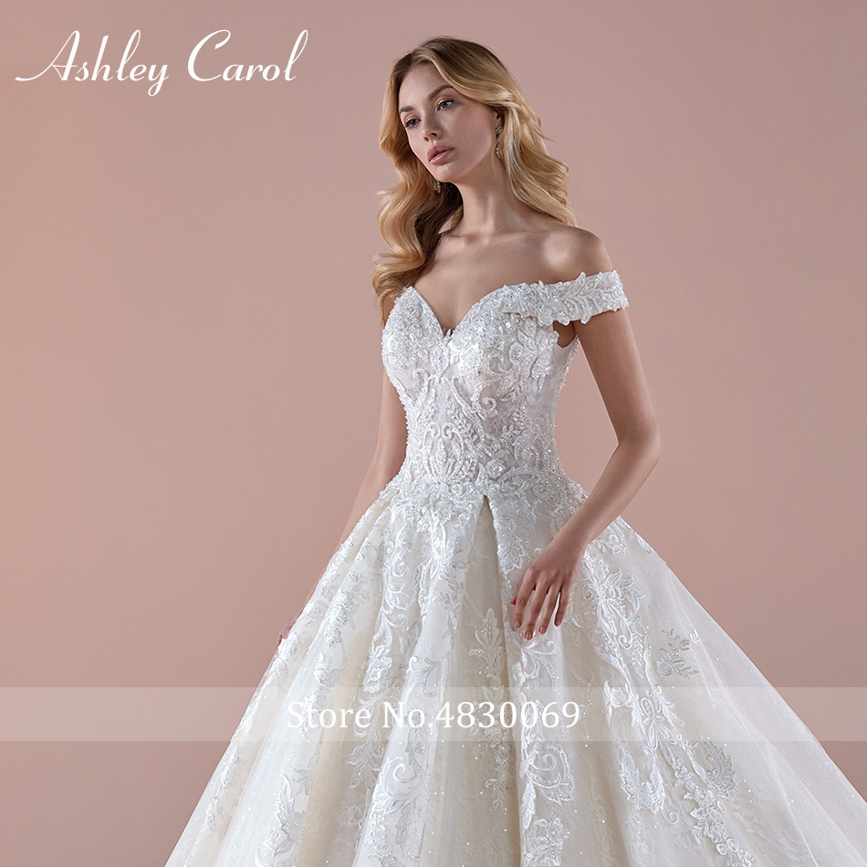 Ashley Carol Ball Gown Lace Wedding Dress 2020 Luxury Beaded Sexy Sweetheart Bride Dresses With Sleeves Princess Bridal Gowns