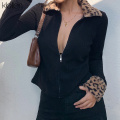 KLALIEN zipper Mosaic leopard Women Jackets Female Coat 2020 black turndown collar Long Sleeve high quality Outerwear