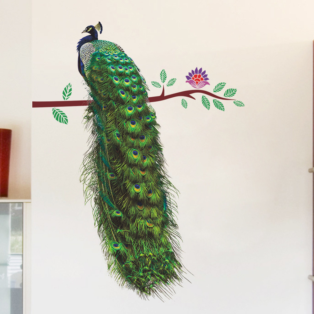 Animals Peacock On Branch Feathers Wall Stickers 3D Vivid Wall Decals Home Decor Art Decal Poster Animals Living Room Decoration